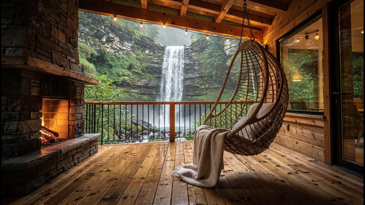 Relaxing Piano Music with Rain & Waterfall Sounds 🌧️💧 Deep Sleep, Stress Relief, Cozy Cabin Retreat
