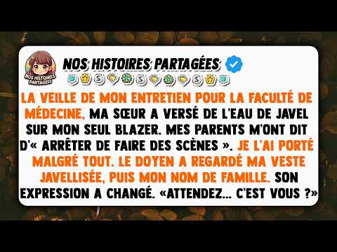 La veille de mon entretien pour la faculté de médecine, ma sœur a versé de l'eau de javel sur mon...