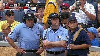 PHI@PIT: Umpires review McCutchen's triple in 8th