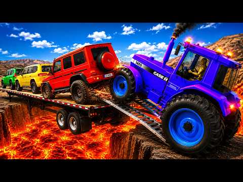 TRANSPORTING PIXAR CARS & FRUITS WITH COLORED & JOHN DEERE vs CLAAS vs TRACTORS - BeamNG.Drive