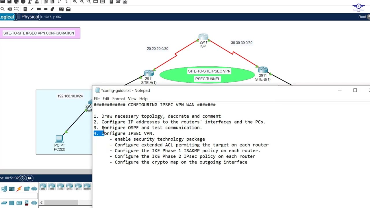 62. Configure Site-to-Site IPsec VPN Using Cisco Packet Tracer | How to configure IPsec VPN