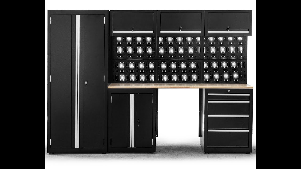 Ondis24 Werkstatt Komplettset 260cm vormontierte Männerküche Werkstattrichtung mit Holzarbeitsplatte