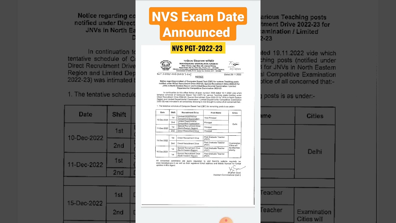 Direct Recruitment NVS PGT-2022-23 Exam Date Announced..