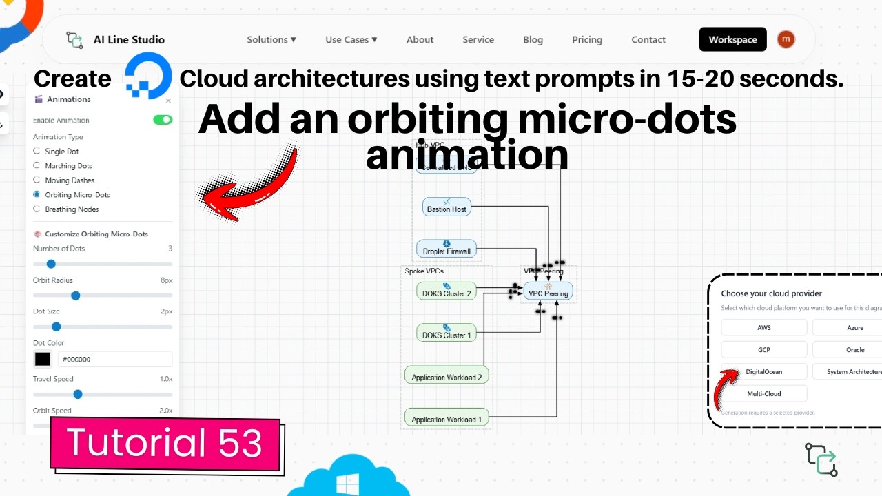 Add orbiting micro-dots animation in DigitalOcean architecture diagram tutorial showing flowing dots on multi-VPC hub-and-spoke connections