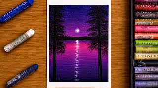 Purple Ocean Moonlight Reflection Scenery Drawing Tutorial #art #oilpastel