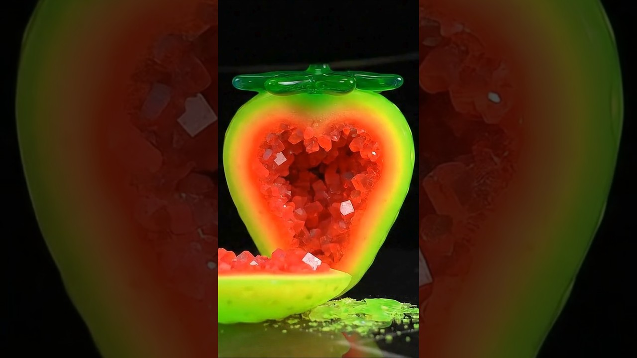 Cutting a Neon Glass Strawberry and Cherry | Crystal Interior ASMR