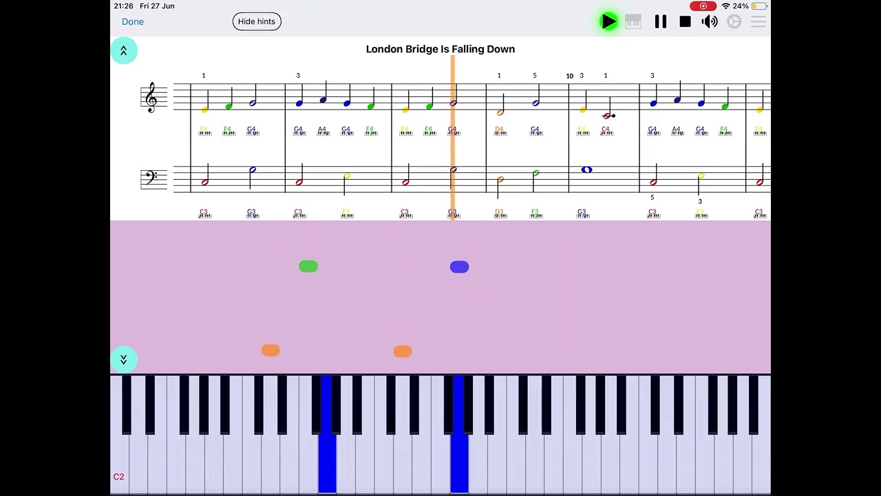 "London Bridge Is Falling Down" - Color-coded simple piano sheet music for beginners - with app