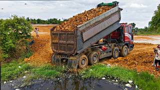 Starting NEW Landfilling flooded By SHANTUI DH17c3 PRO Dozer Pushing Soil With Trucks 25Ton