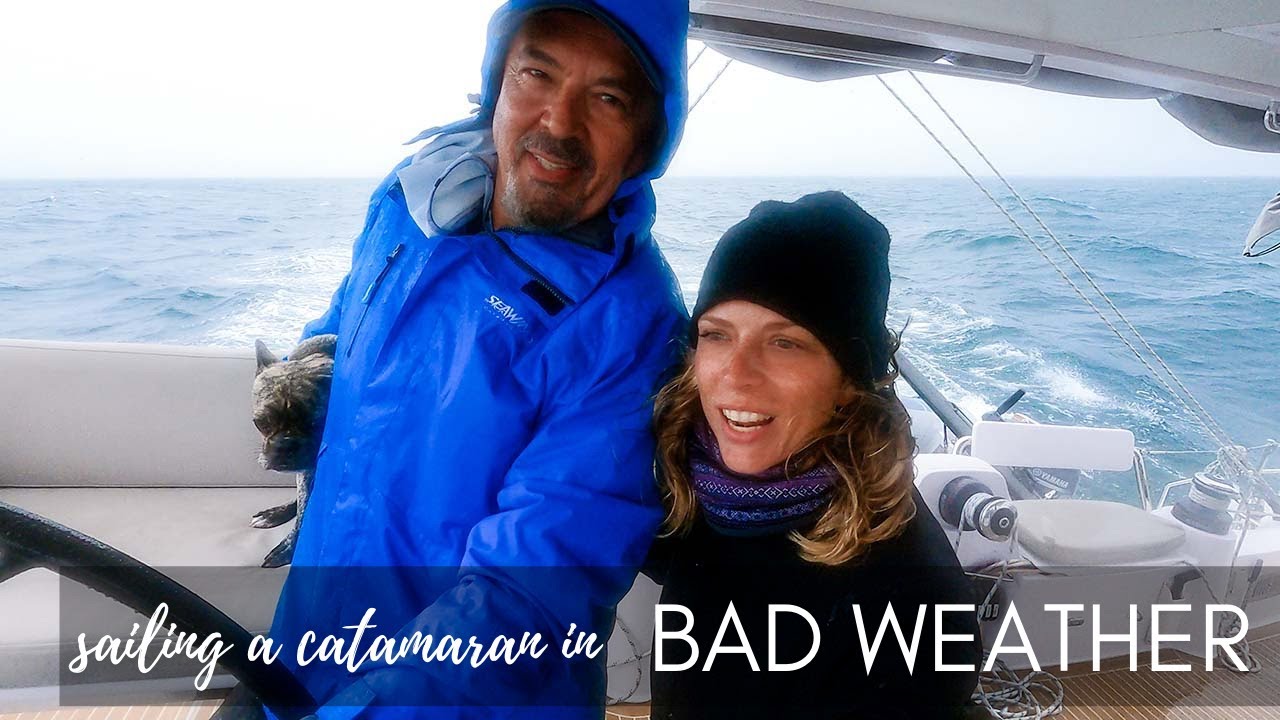 catamaran sailing in bad weather