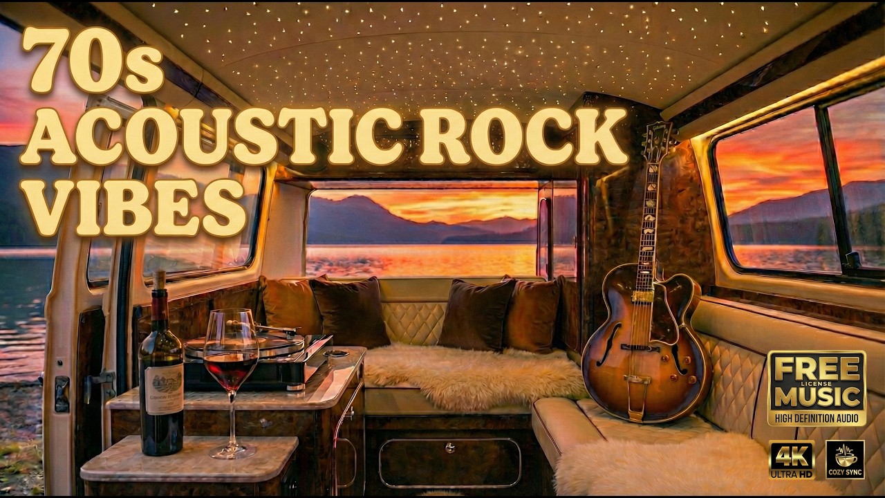 Relaxing 70s Acoustic Rock in a Luxury Motorhome 🌅 Sunset Lake Ambience & Vintage Guitar