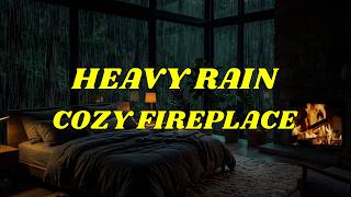 6 Hours Heavy Rain in a Cozy Bedroom with Fireplace | Rain Sounds for Sleep, No Music