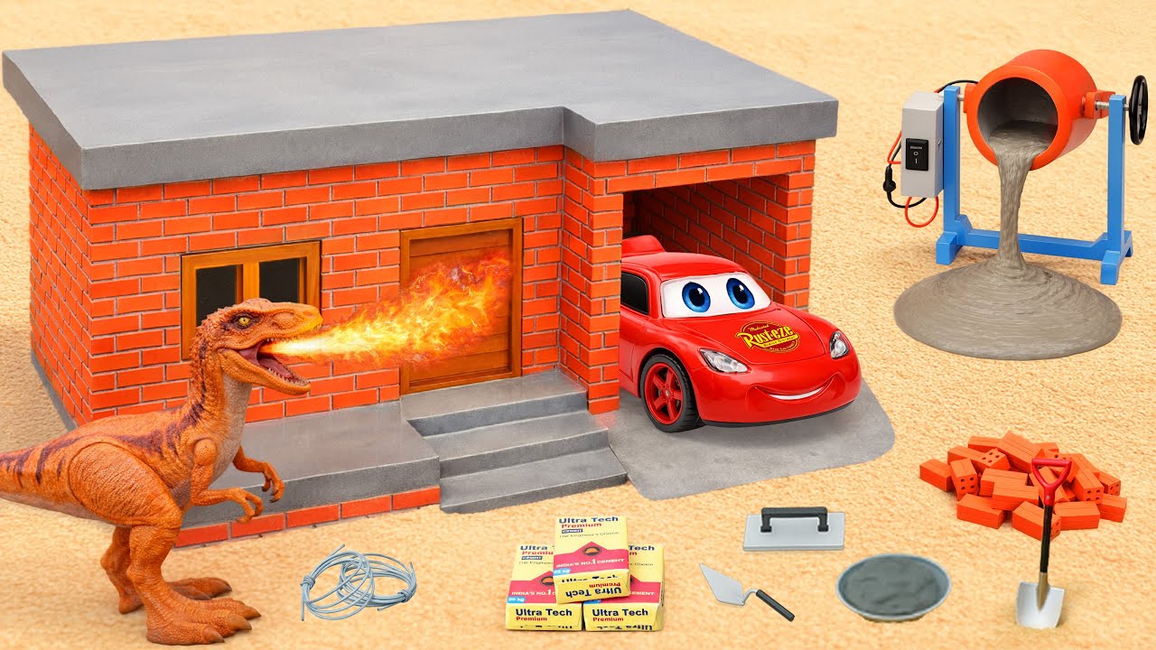 Dinosaur Burns a Wooden House | Mini Tractor Builds a Strong Brick Home