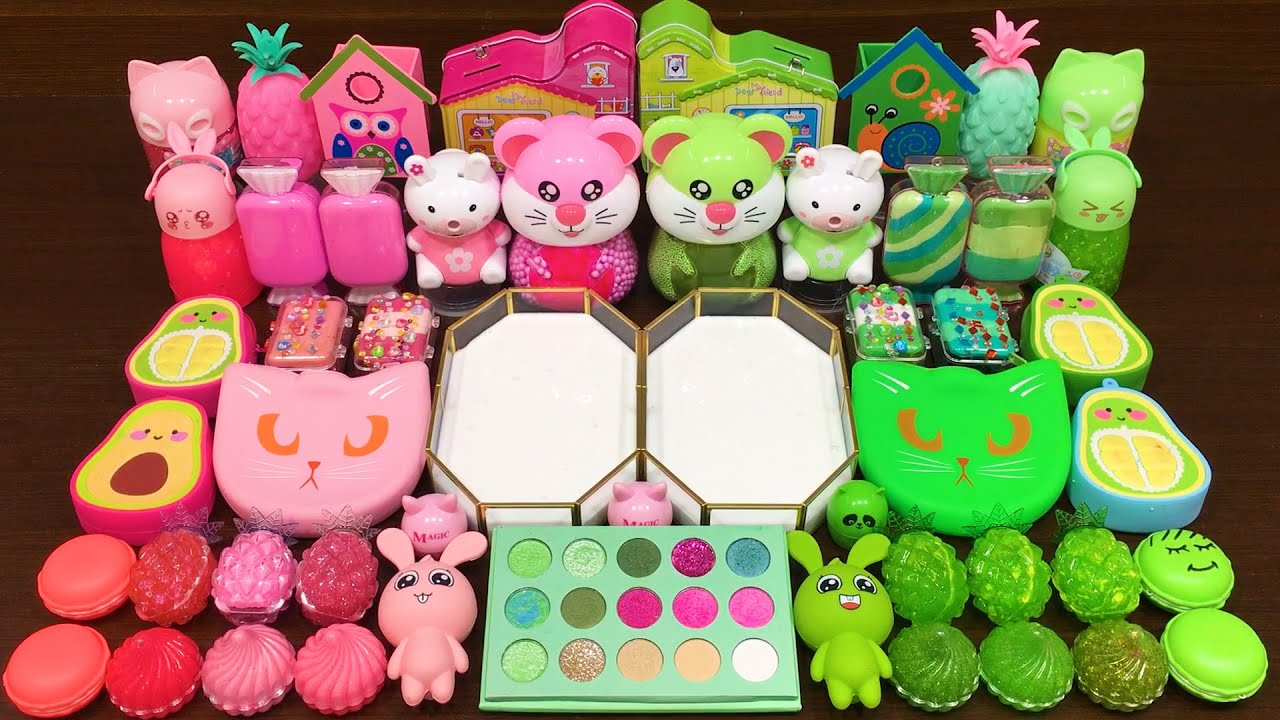 PINK vs GREEN ! Mixing Random Things into GLOSSY Slime ! Satisfying Slime Videos #293