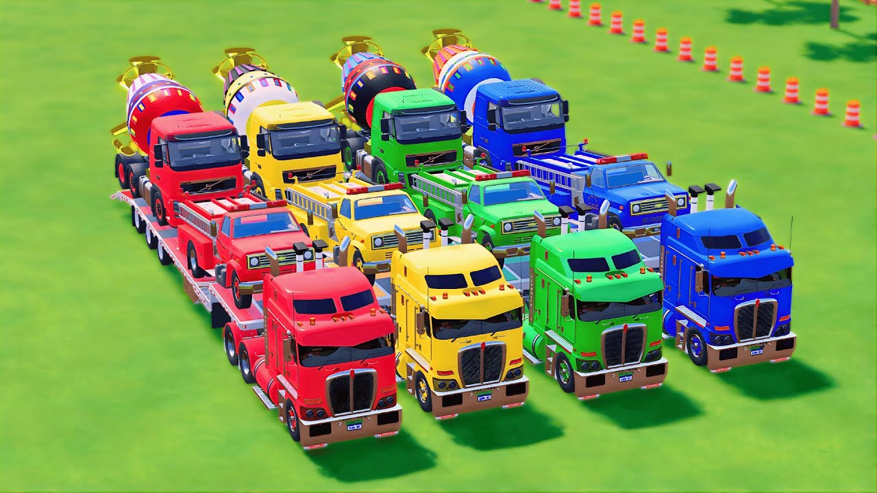 TRANSPORTING KENWORTH, CHEVY FIRE ENGINE, MIXER TRUCK, COLORFUL CARS WITH TRUCK - FS22