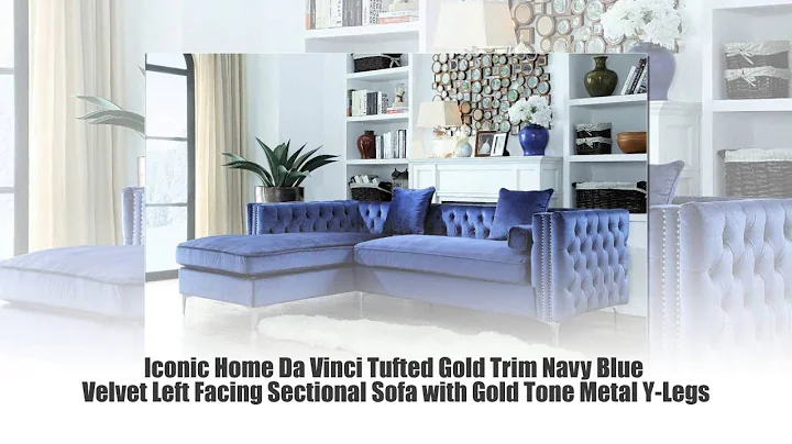 Iconic Home Da Vinci Tufted Gold Trim Navy Blue Velvet Left Facing Sectional Sofa