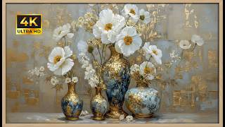 Elegant White & Gold Poppy Bouquet | Gold Framed 4K Art Screensaver | Luxurious Floral TV Wallpaper screenshot 4