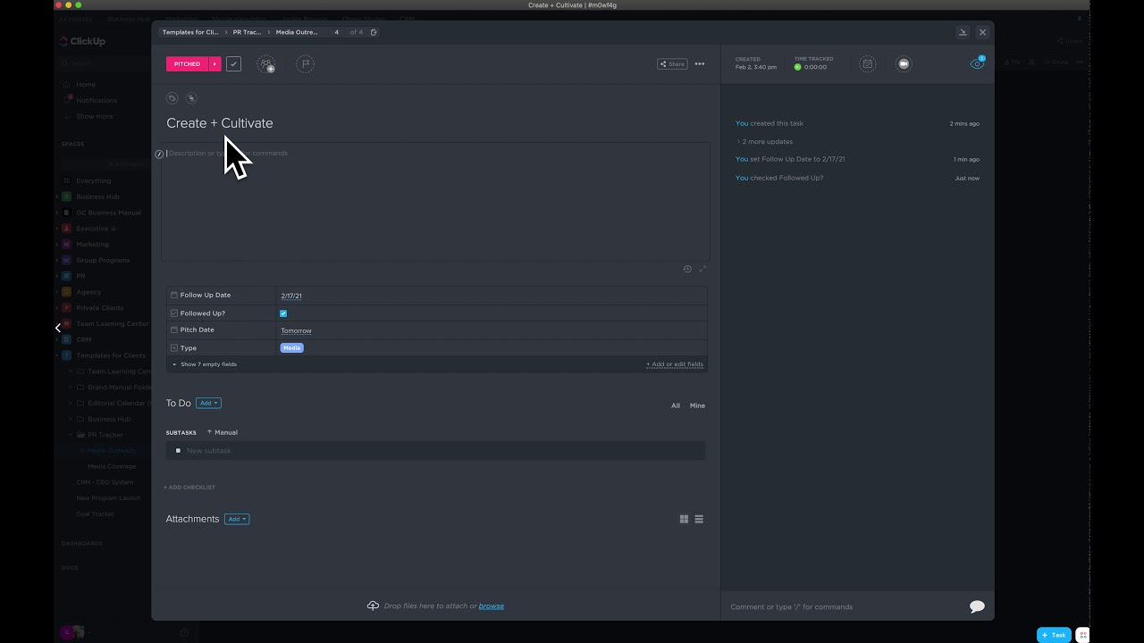 Managing my PR Efforts with a Media Outreach and Coverage ClickUp Tracker