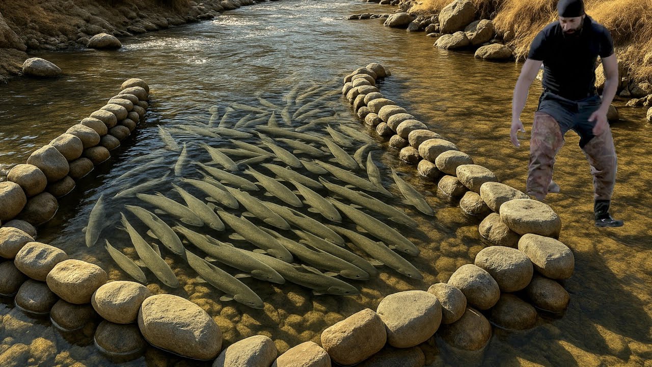 Incredible Fishing Technique Using Stones in the Stream  #fishing #trap