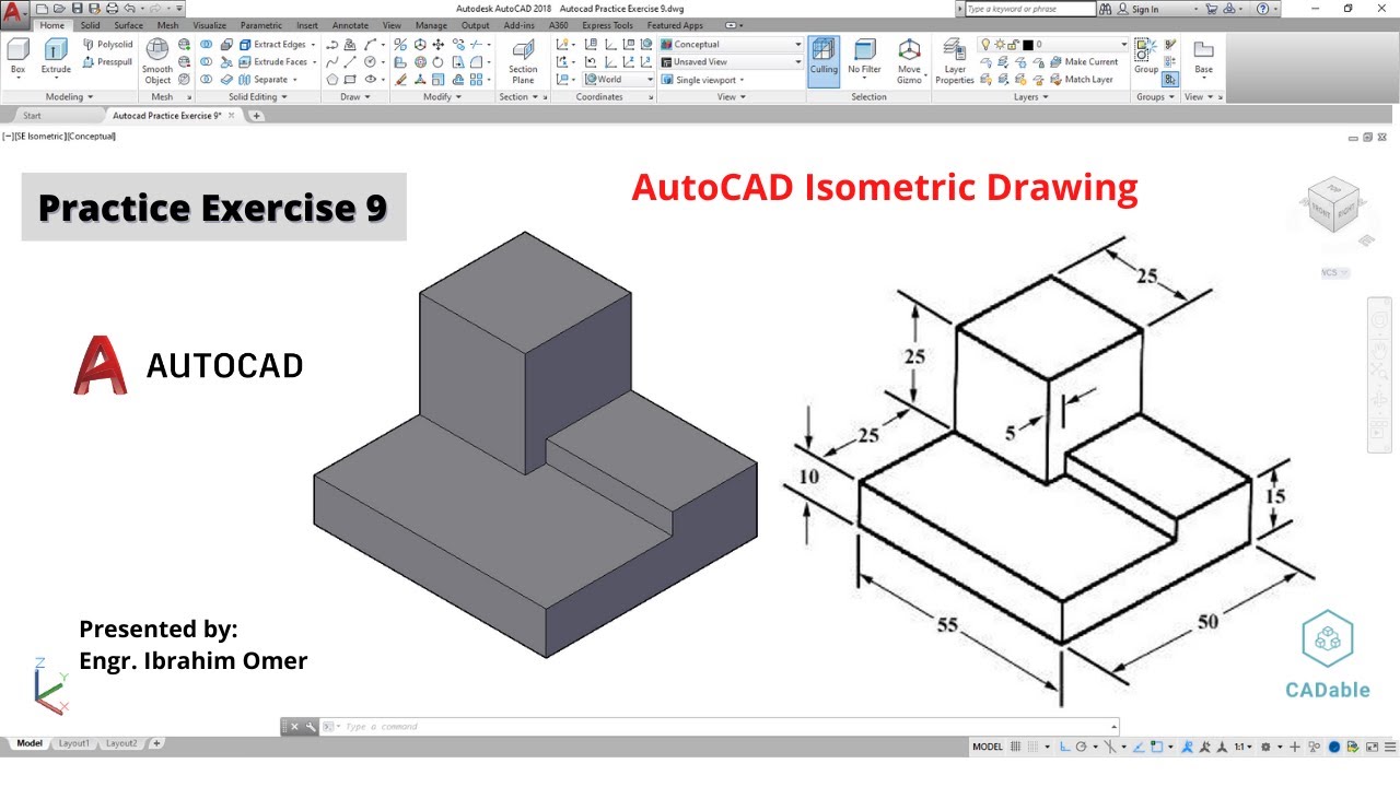 Isometric drawing, Isometric drawing exercises, Autocad