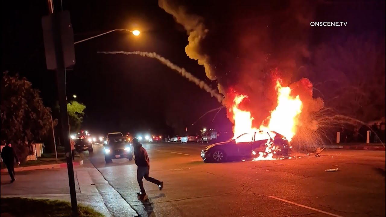 Car Explodes into Flames After Possible DUI Hit & Run Crash