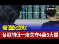 權值股疲軟 台股開低一度失守4萬6大關