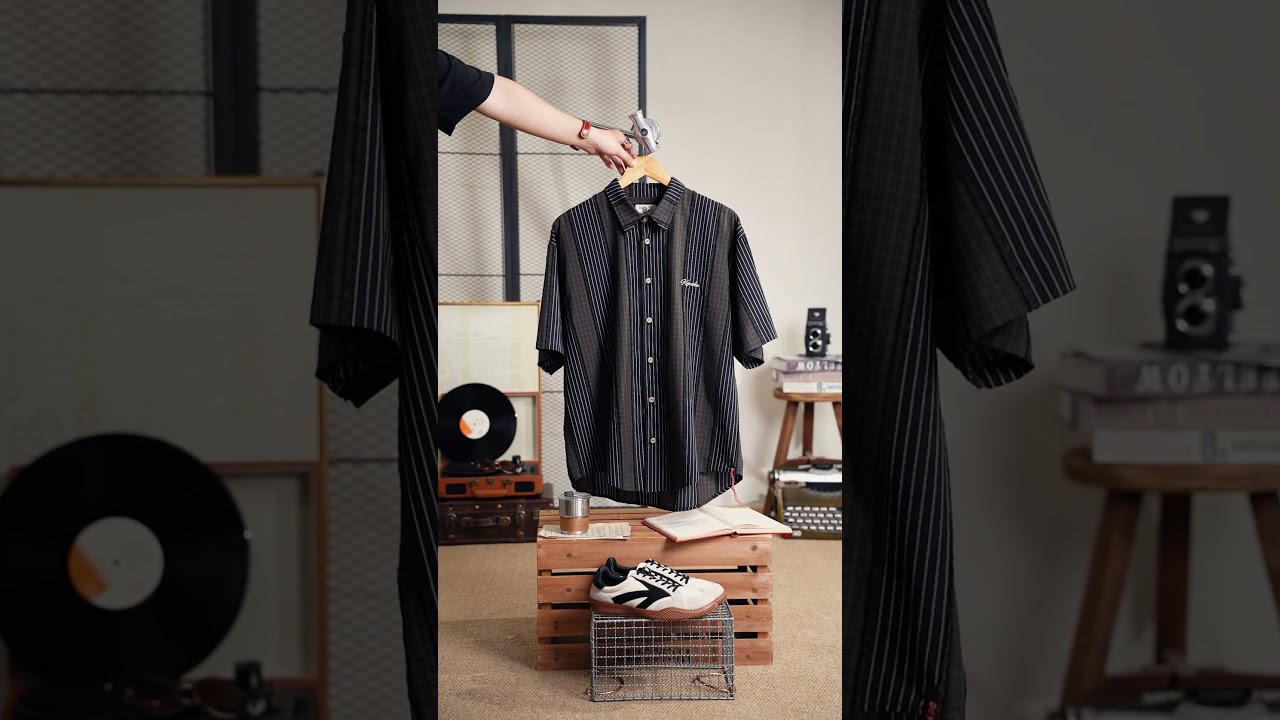 🎥【UNPACKING】「KaraKu」ロゴ刺繡&紅白ヒモ　フリンジ加工チェックｘストライプ切替シャツ