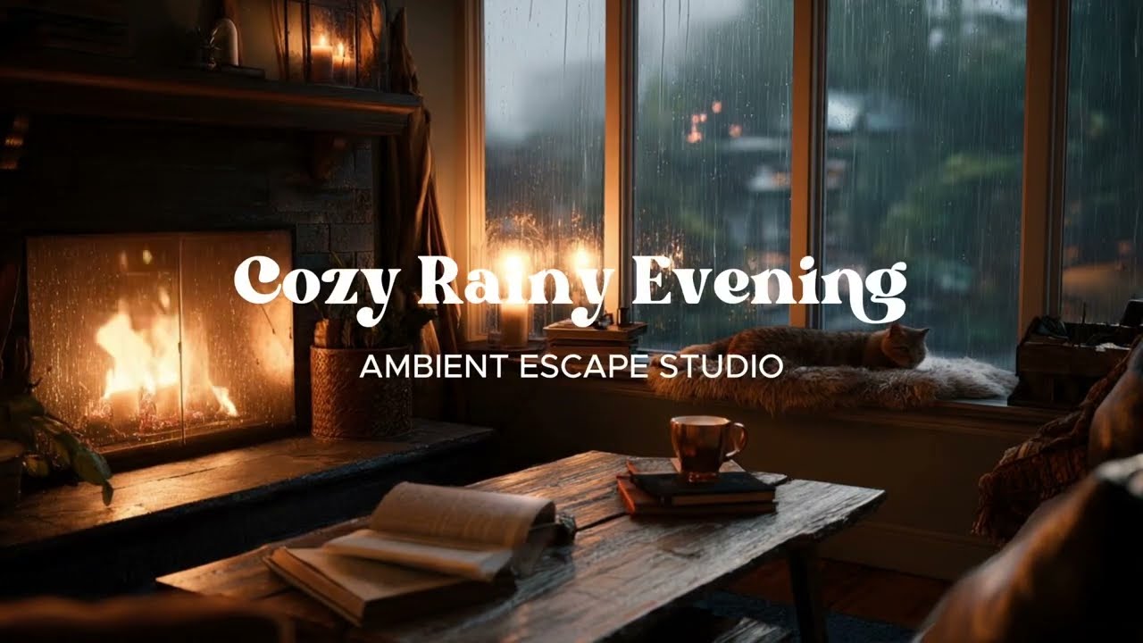 Rainy Night in a Cozy Apartment/ Fireplace & Cat Ambience | 3 Hours Fireplace Sounds for Sleep/Study