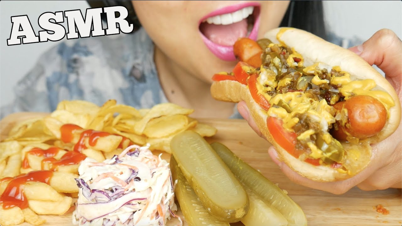 ASMR FULLY LOADED HOT DOG + CHIPS + FRIES + PICKLES (EATING SOUNDS) NO TALKING | SAS-ASMR