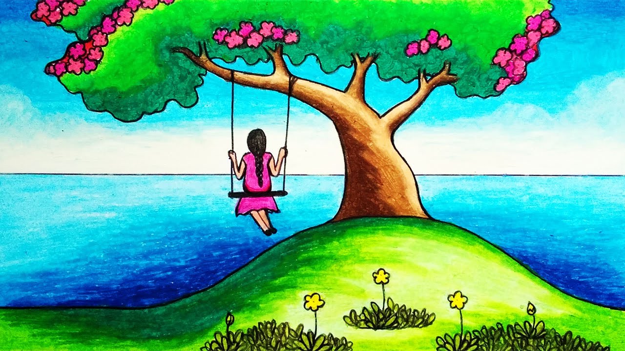 How to Draw Easy Scenery of a Girl Swinging in a Tree Step by Step ...