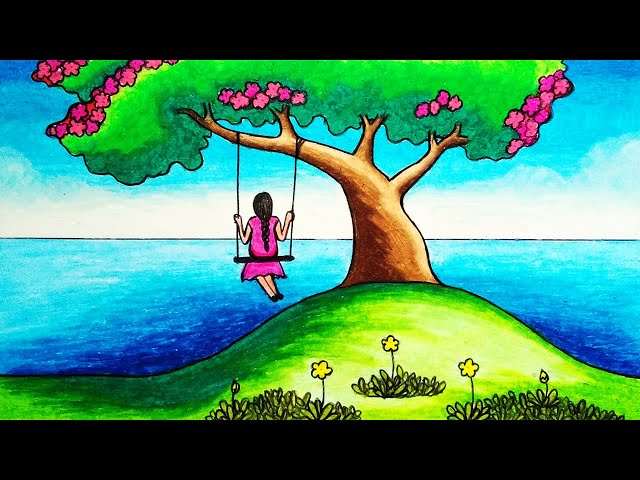 How To Draw Nature Scenery Beautiful With Crayons |Drawing Nature Scenery  Step By Step - YouTube