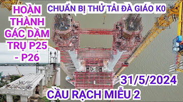 Toàn cảnh cầu Rạch Miễu 2 chuẩn bị thử tải đà giáo K0, bờ Thới Sơn hoàn thành gác dầm trụ P25 - P26