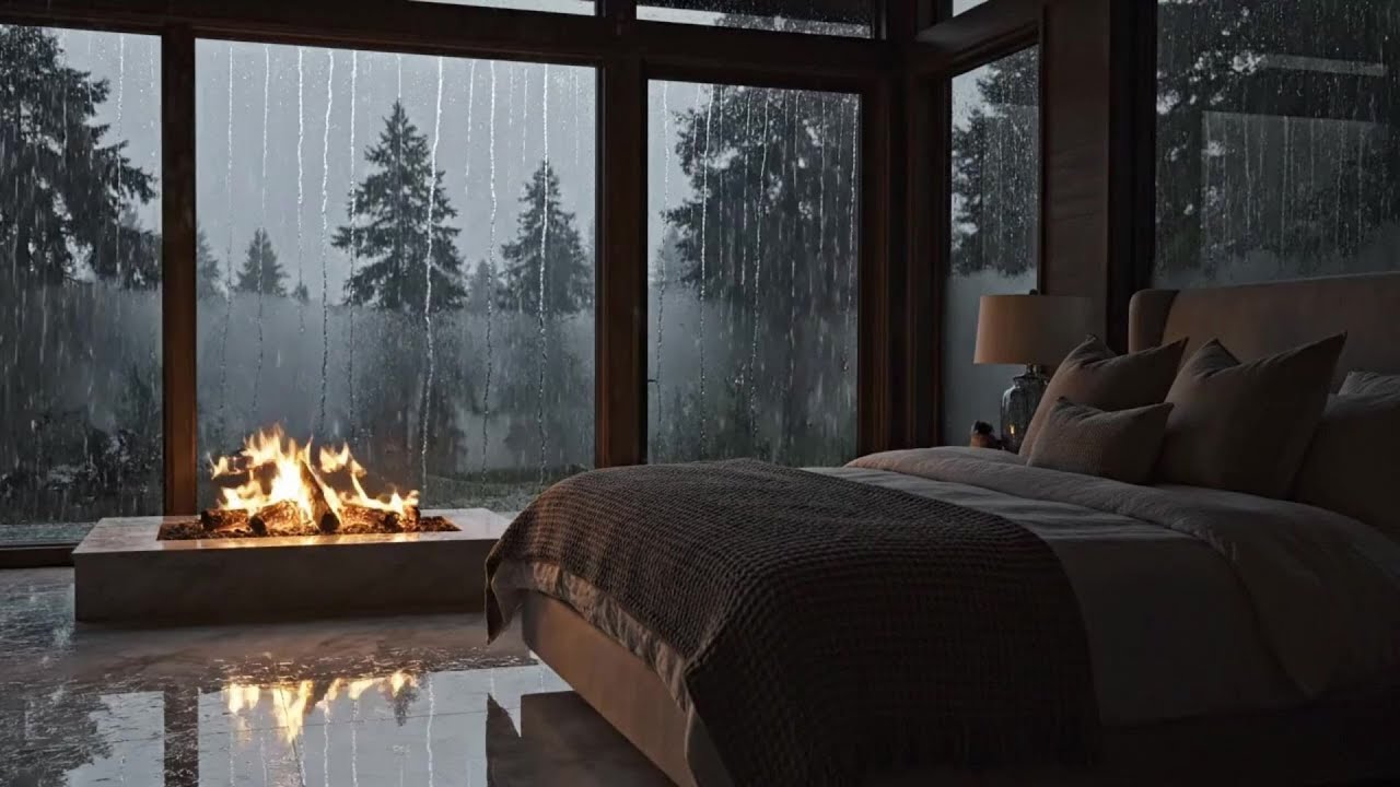 4K Cozy Fireplace and Cali King on a  Rainy Day ASMR