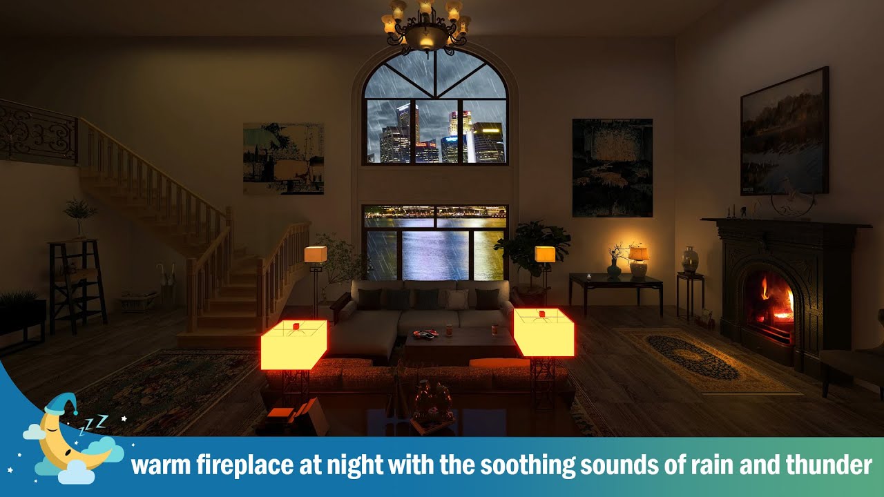 warm fireplace at night with the soothing sounds of rain and thunder ...