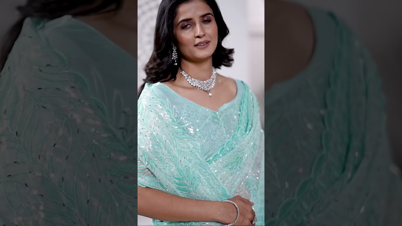 Aqua Blue Thread Embroidered Saree – Tissue Net, Party Wear