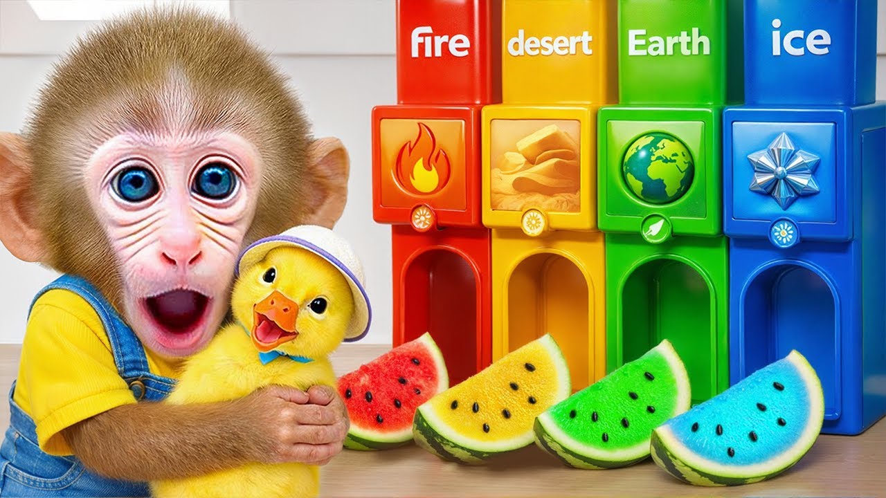 Mono TaTa Explora la Máquina Expendedora De los 4 Elementos en el Parque y Cuida a un Patito