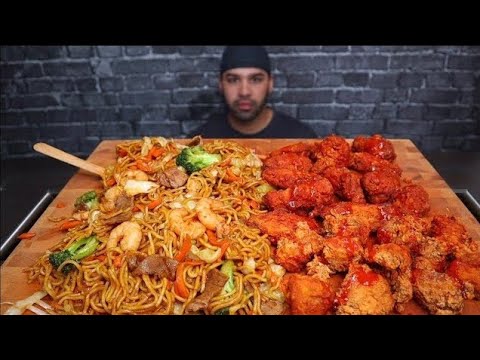 (ASMR NO TALKING ) NOODLES & BEEF, SHRIMP, CHICKEN & VEGETABLES. POPEYES SIGNATURE HOT CHCIKEN WINGS
