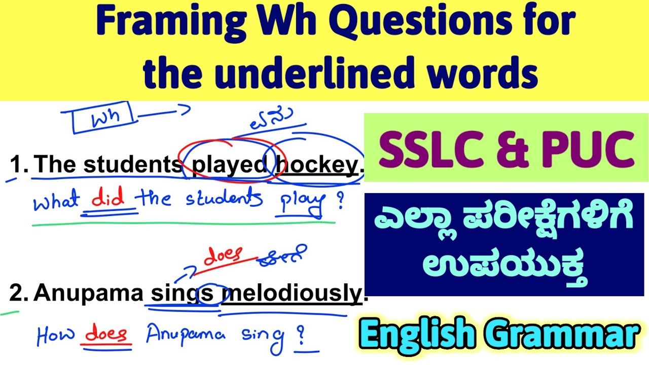 Framing Wh Questions for the underlined words English Grammar in Kannada SSLC PUC Grammar exam