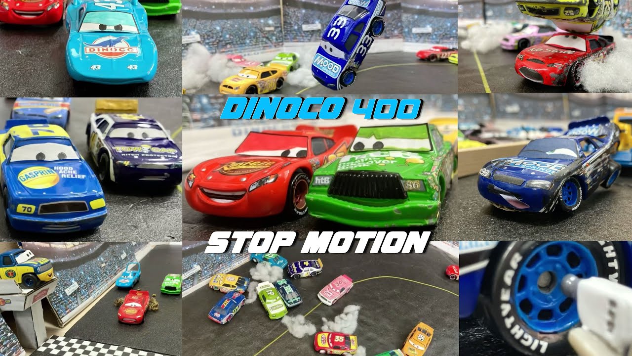 Анимационный ролик Disney Cars Motor Speedway of the South Dinoco 400: гонка и авария — покадрова...