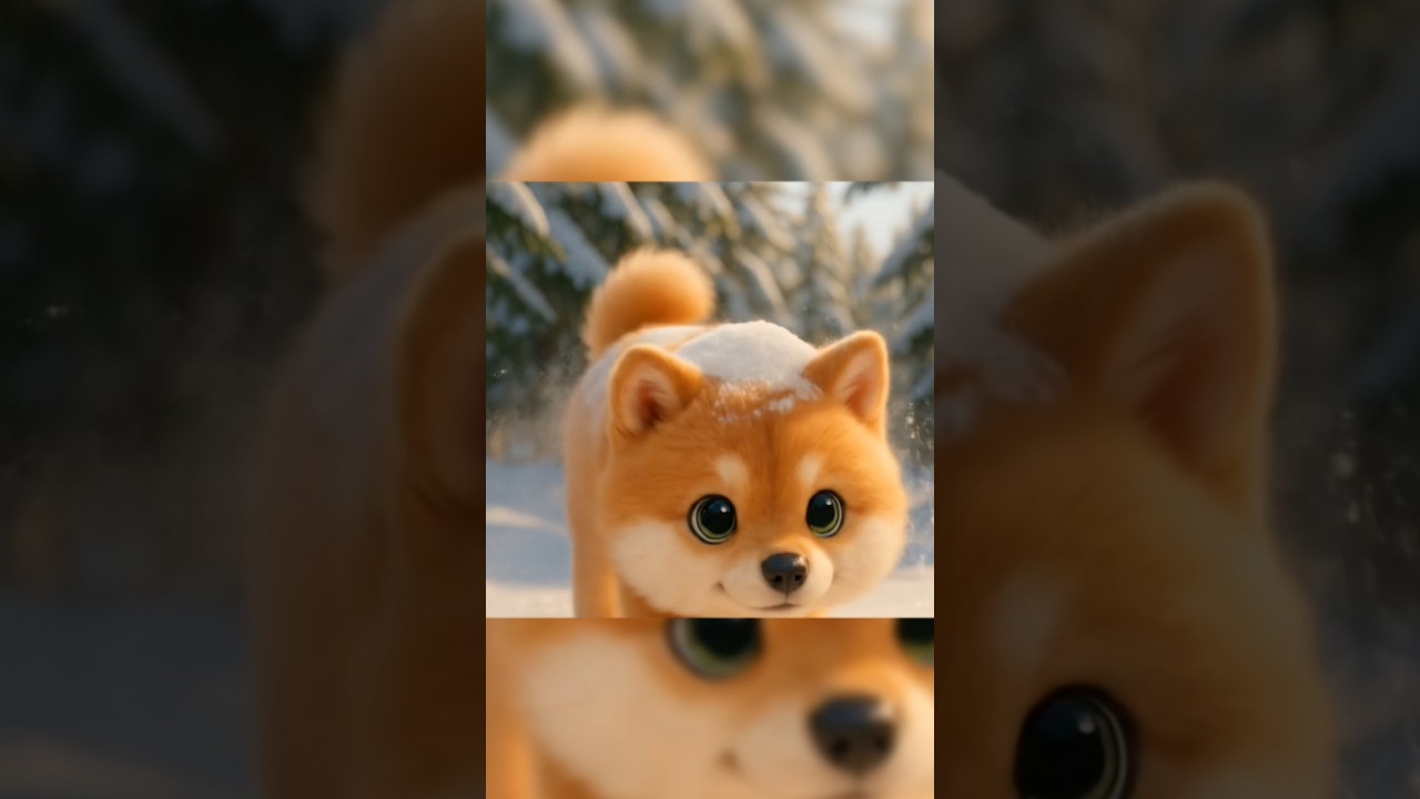 Fluffy Shiba running in the snow 