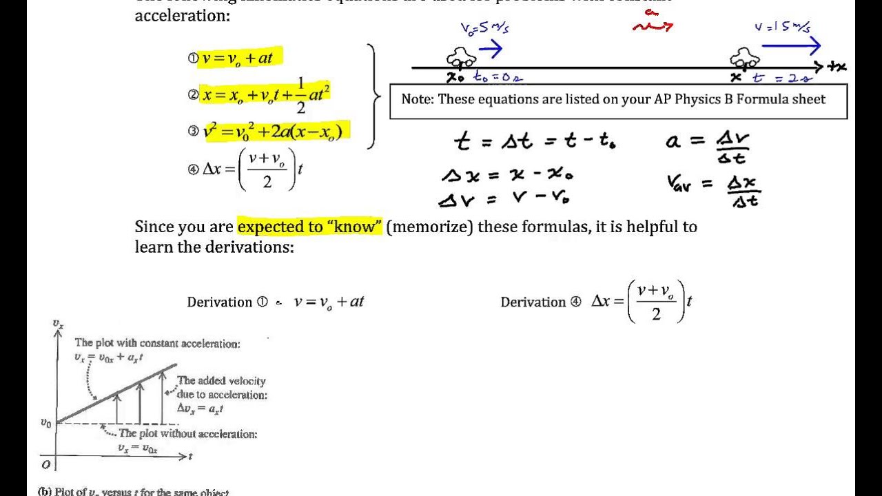 Chapter 2, Equations for Constant Acceleration YouTube