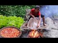 Survival in forest: King stingray salad cooking for lunch ideas - Grilled stingray with Chili sauce