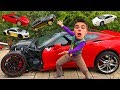 Mr joe on chevy camaro found toy cars ferrari  lamborghini  audi r8 in big corvette for kids