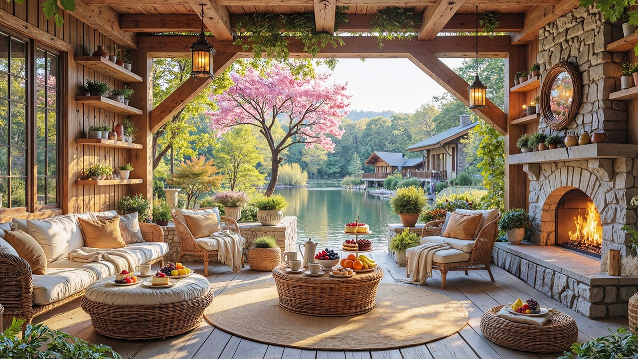 🌷 Peaceful Spring Porch View 🌤️ Calm Piano Music & Fireplace Sounds for Calm Mornings & Deep Focus