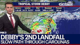 Debby makes 2nd landfall in South Carolina as tropical storm