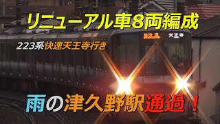 リニューアル車8両編成の223系快速天王寺行き 雨の津久野駅通過！
