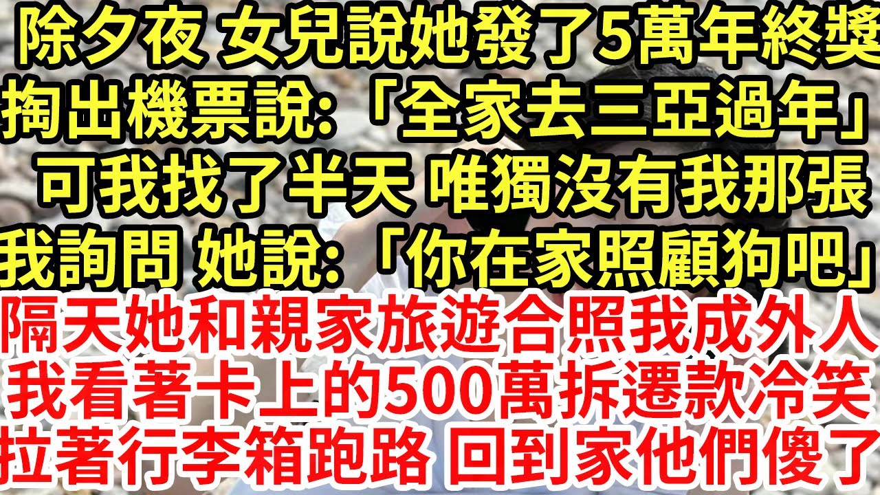 除夕夜 女兒說她發了5萬年終獎，掏出機票說:「全家去三亞過年」可我找了半天 唯獨沒有我那張我詢問 她說:「你走了狗誰照顧」#為人處世#養老#中年#情感故事