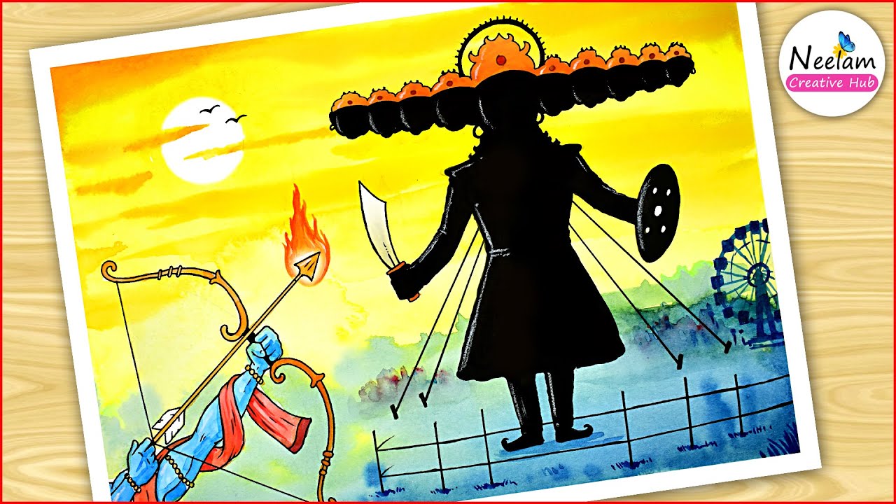 Dussehra Easy Drawing Painting / Indian festival painting competition idea / dussehra ka chitra