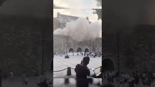 Moment ancient Chinese drum tower collapses onto tourists #china #viralvideo #buildingcollapsed