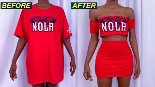 DIY | $5 Oversized T-shirt To Two Piece Set Outfit | Clothing Hacks | DIY Clothing Transformations