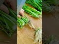 cutting green vegetable roots on a wooden board with a kitchen knife to prepare a healthy meal for